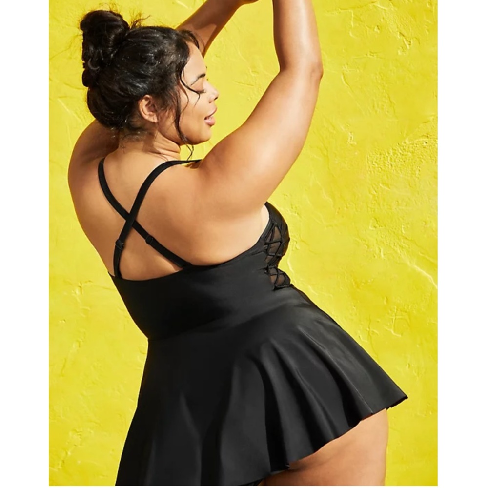 Torrid 3 BLACK SIDE TIE mesh SWIM DRESS - Picture 4 of 11